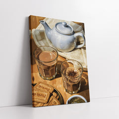 Chai Tea With Biscuits & Teapot Knife Work Style (Single Panel) Digital Painting Wall Art