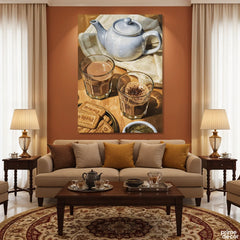 Chai Tea With Biscuits & Teapot Knife Work Style (Single Panel) Digital Painting Wall Art