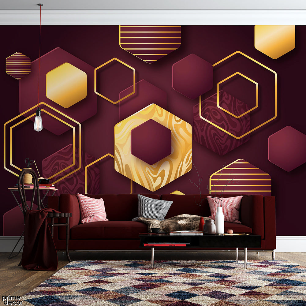 Burgundy Wine & Gold Geometric Hexagons | Abstract Wallpaper Mural - Prime Décor