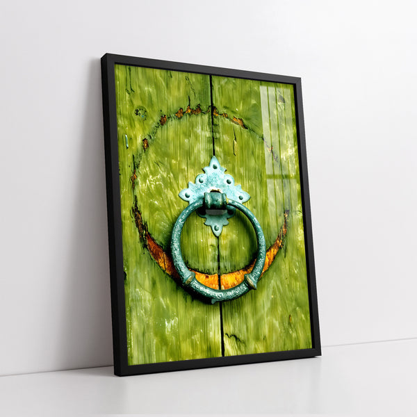 Vintage Door Knockers On Rustic Pink & Green Wooden Doors (Single Panel) Digital Painting Wall Art