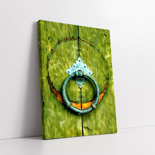Vintage Door Knockers On Rustic Pink & Green Wooden Doors (Single Panel) Digital Painting Wall Art