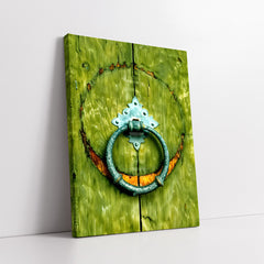 Vintage Door Knockers On Rustic Pink & Green Wooden Doors (Single Panel) Digital Painting Wall Art