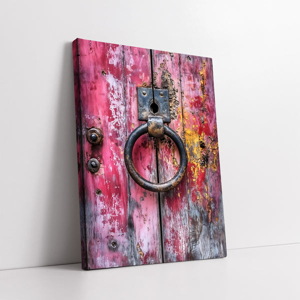 Vintage Door Knockers On Rustic Pink & Green Wooden Doors (Single Panel) Digital Painting Wall Art