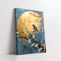 Blue Bird On Blossoming Branch With Golden Moon (Single Panel) Digital Painting Wall Art