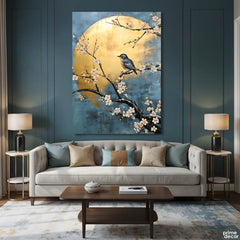 Blue Bird On Blossoming Branch With Golden Moon (Single Panel) Digital Painting Wall Art