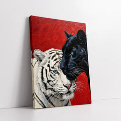 White Tiger & Black Panther On Red Background (Single Panel) Digital Painting Wall Art