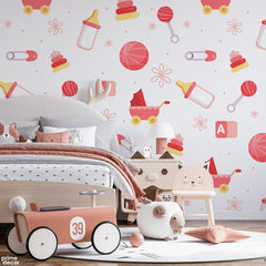 Cute Pink Baby Walker & Feeders | Nursery Wallpaper Mural - Prime Décor