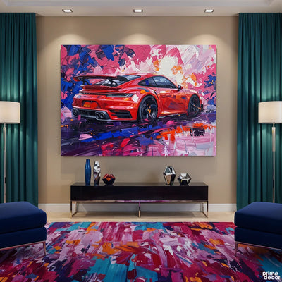 Red Porsche On Vibrant Abstract Background Knife Work Style (Single Panel) Digital Painting Wall Art