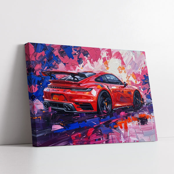 Red Porsche On Vibrant Abstract Background Knife Work Style (Single Panel) Digital Painting Wall Art