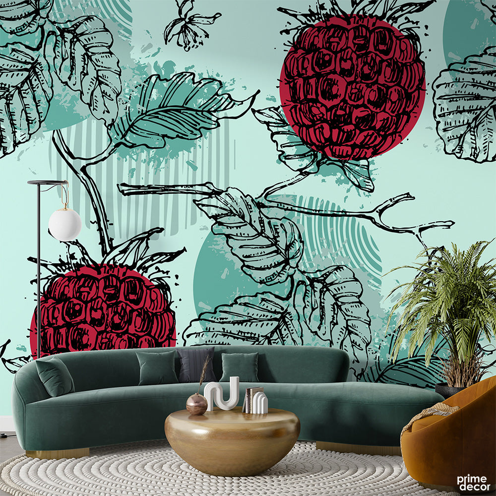 Teal & Burgundy Berry Leaves | Floral Wallpaper Mural - Prime Décor