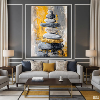 Balanced Zen Stones On Abstract Yellow Background (Single Panel) Digital Painting Wall Art