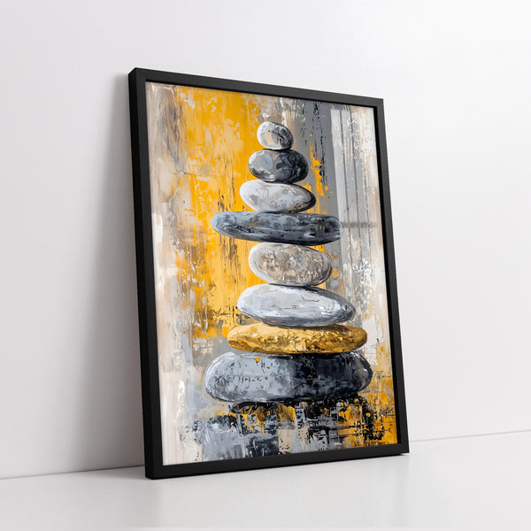 Balanced Zen Stones On Abstract Yellow Background (Single Panel) Digital Painting Wall Art