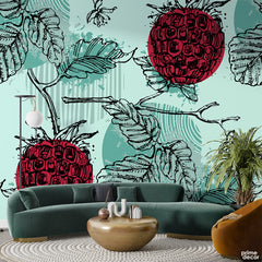 Teal & Burgundy Berry Leaves | Floral Wallpaper Mural - Prime Décor