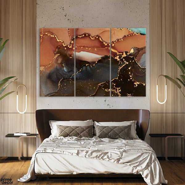 Teal Gold Black & Orange Abstract Artwork (3 Panel) Abstract Wall Art