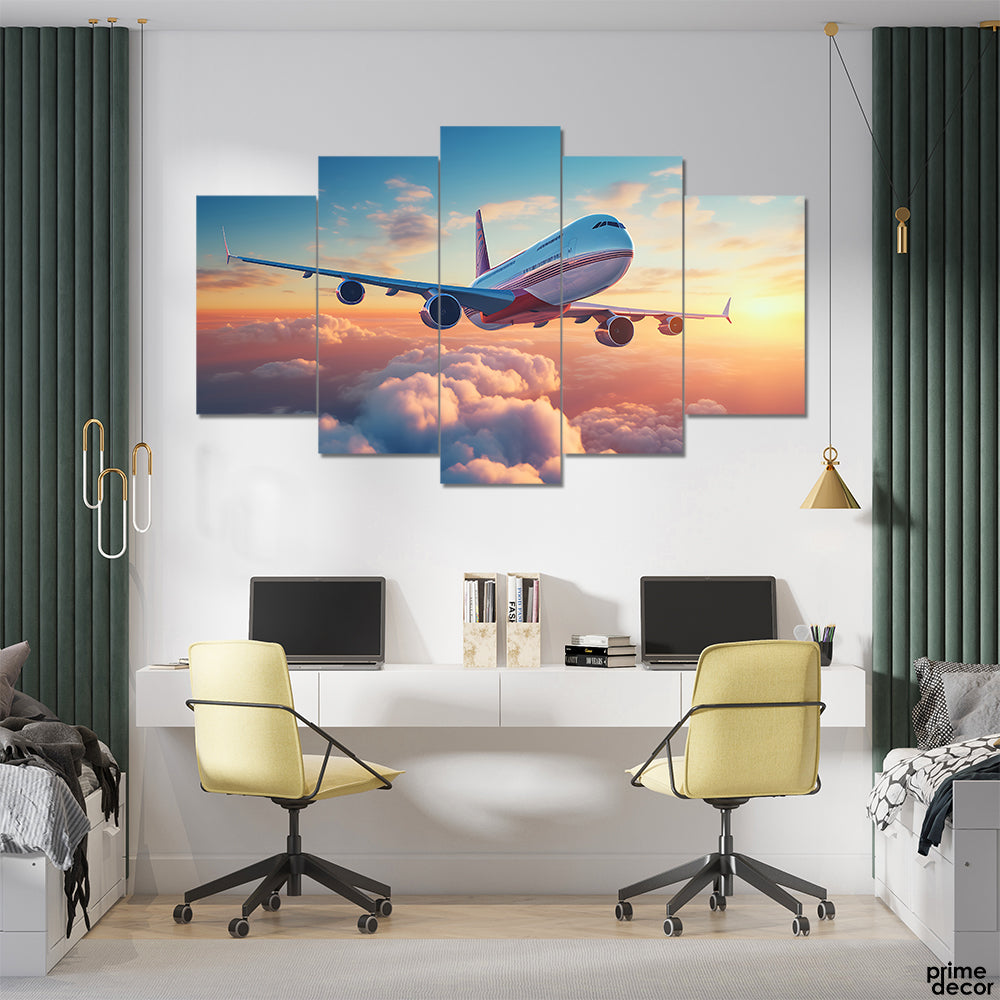 Boeing Jumbo Jet Flying Over The Clouds (5 Panel) Travel Wall Art - Prime Décor