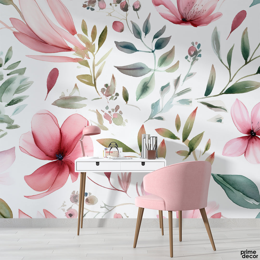 Pink Pearl Color Watercolor Flowers And Leaves | Floral Wallpaper Mural - Prime Décor