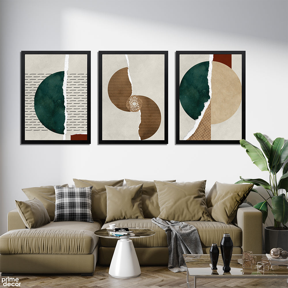 Slate Green With Old Copper Teared Paper Style (3 Panel) Abstract Wall Art - Prime Décor