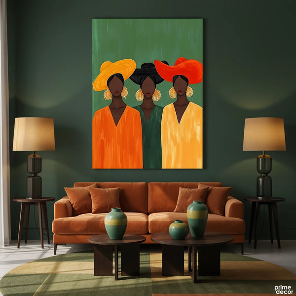 African Women With Colorful Hats And Gold Earrings (Single Panel) Digital Painting Wall Art