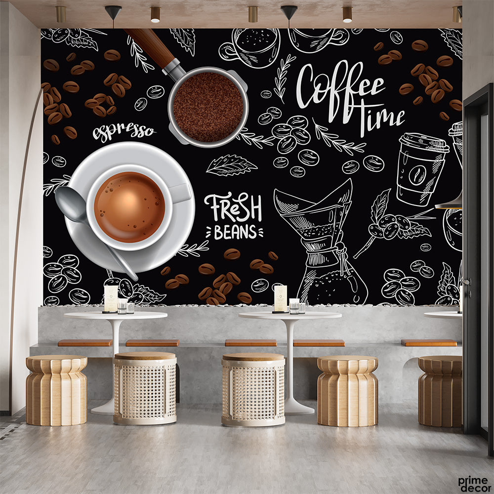 Fresh Beans Coffee Cup With Chalkboard Background | Food Wallpaper Mural - Prime Décor