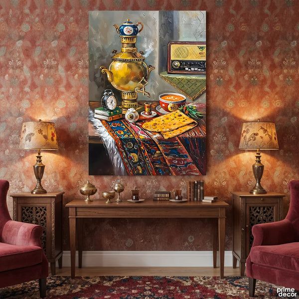 Golden Samovar With Vintage Radio And Traditional Breakfast (Single Panel) Digital Painting Wall Art