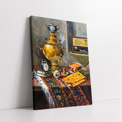 Golden Samovar With Vintage Radio And Traditional Breakfast (Single Panel) Digital Painting Wall Art