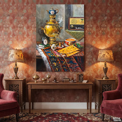 Golden Samovar With Vintage Radio And Traditional Breakfast (Single Panel) Digital Painting Wall Art