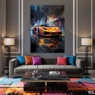 Orange Lamborghini On Dark City Street Knife Work (Single Panel) Digital Painting Wall Art