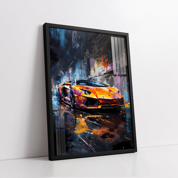 Orange Lamborghini On Dark City Street Knife Work (Single Panel) Digital Painting Wall Art
