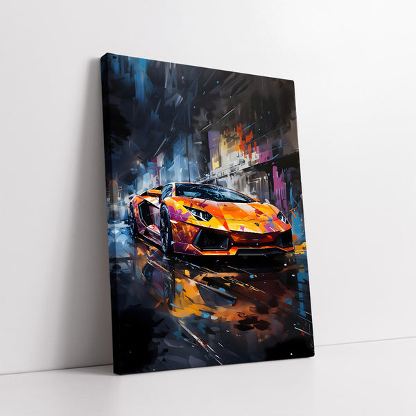 Orange Lamborghini On Dark City Street Knife Work (Single Panel) Digital Painting Wall Art