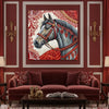 Grey Horse With Red Ornamental Bridle On Patterned Background (Single Panel) Digital Painting Wall Art