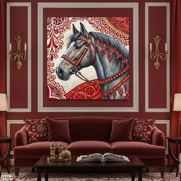 Grey Horse With Red Ornamental Bridle On Patterned Background (Single Panel) Digital Painting Wall Art