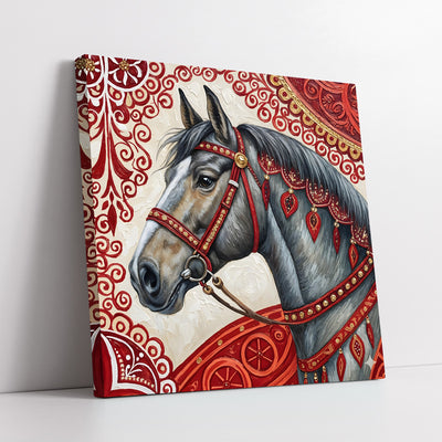 Grey Horse With Red Ornamental Bridle On Patterned Background (Single Panel) Digital Painting Wall Art