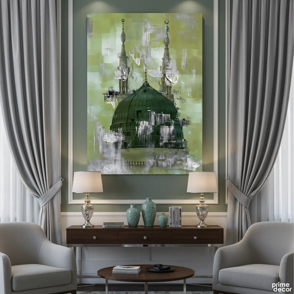 Masjid Nabawi On Green Strokes Background Knife Work  (Single Panel) Digital Painting Wall Art