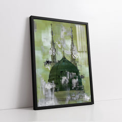 Masjid Nabawi On Green Strokes Background Knife Work (Single Panel) Digital Painting Wall Art
