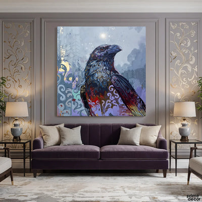 Mystical Raven with Gold Filigree and Geometric Patterns (Single Panel) Digital Wall Art