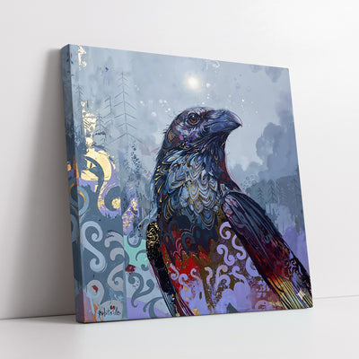 Mystical Raven with Gold Filigree and Geometric Patterns (Single Panel) Digital Wall Art