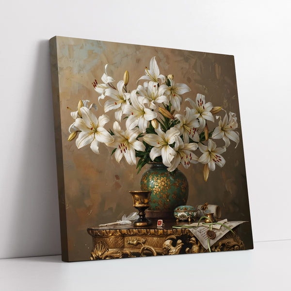 Rustic Floral White Lilies with Vintage Parchment (Single Panel) Digital Painting Wall Art
