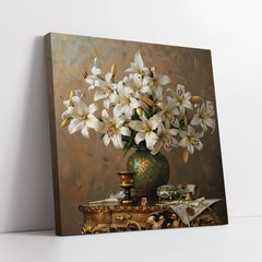 Rustic Floral White Lilies with Vintage Parchment (Single Panel) Digital Painting Wall Art