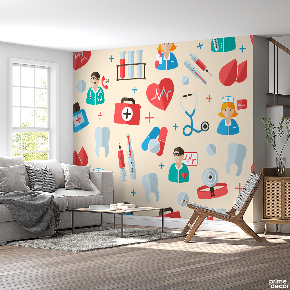 Healthcare Elements With Beige Background | Hospital Wallpaper Mural - Prime Décor