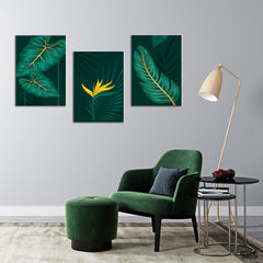 Green & Gold Exotic Tropical Leaves (3 Panel) Floral Wall Art - Prime Décor