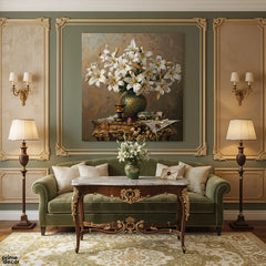 Rustic Floral White Lilies with Vintage Parchment (Single Panel) Digital Painting Wall Art