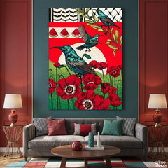 Symbols of Resistance Teal SunbirdGeometric Folk Art Patterns (Single Panel) Digital Painting Wall Art