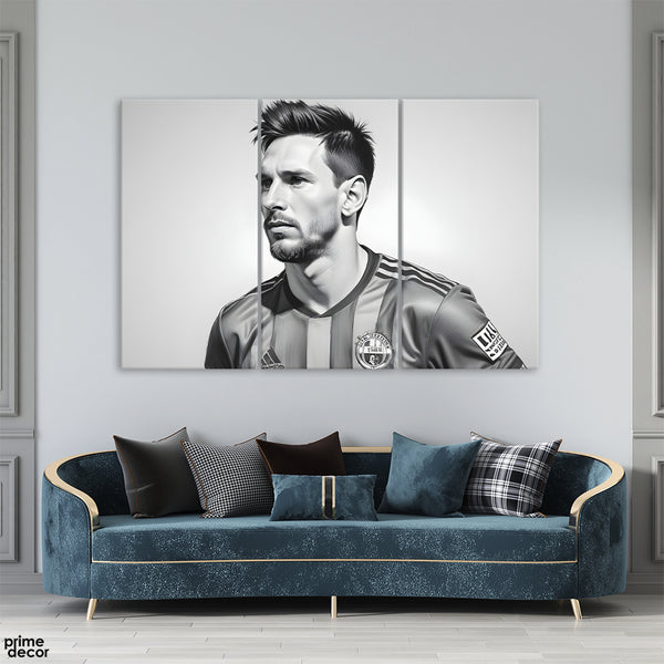 Abstract Lionel Messi Black & White Portrait (3 Panel) Sports Wall Art