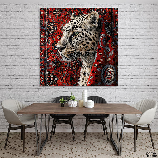 Majestic Leopard Portrait With Red Background (Single Panel) Animal Square Wall Art