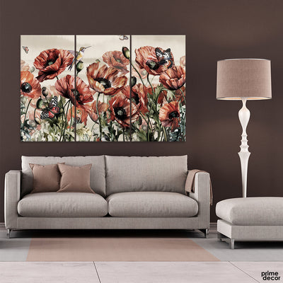 Abstract Black & Red Flowers With White Background (3 Panel) Floral Wall Art - Prime Décor
