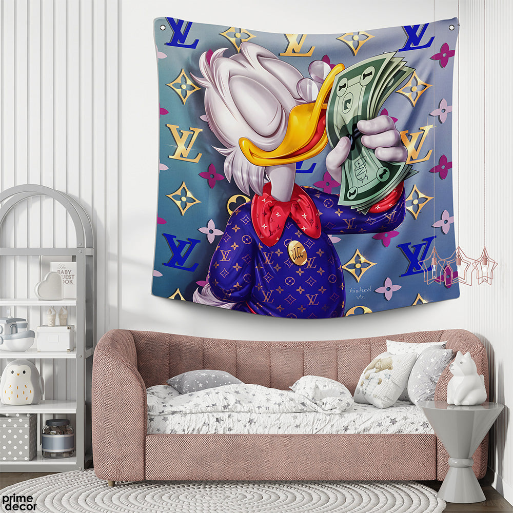 Rich Daffy Duck With Dollar Bills In LV Background | Motivational Tapestry - Prime Décor