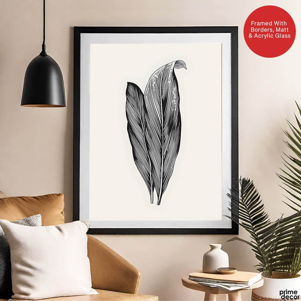 Black & White Tropical Leaves On Grey Background | Abstract Floral Artwork #0034 - Prime Décor