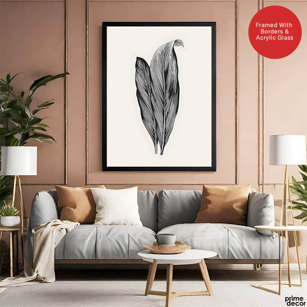 Black & White Tropical Leaves On Grey Background | Abstract Floral Artwork #0034 - Prime Décor