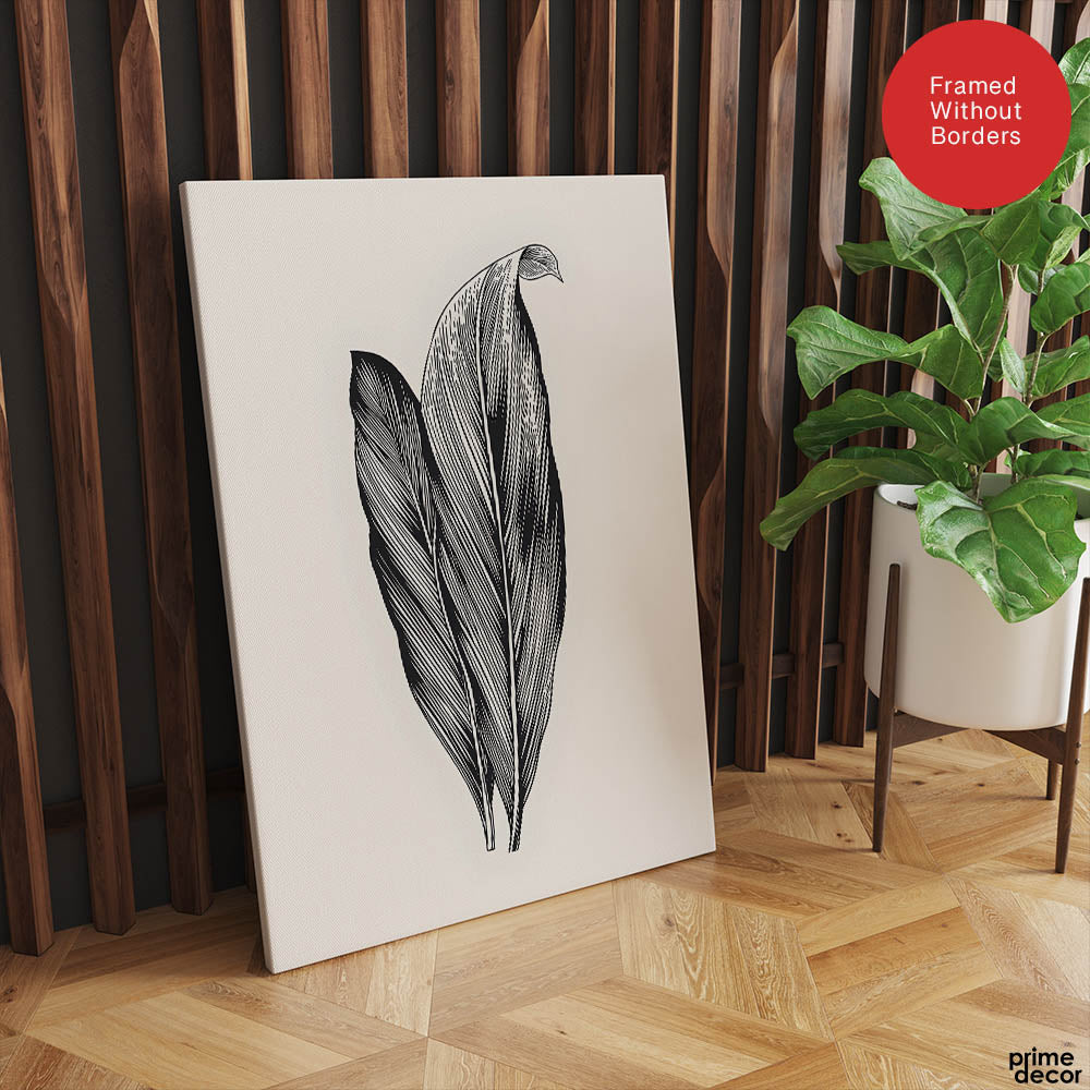 Black & White Tropical Leaves On Grey Background | Abstract Floral Artwork #0034 - Prime Décor