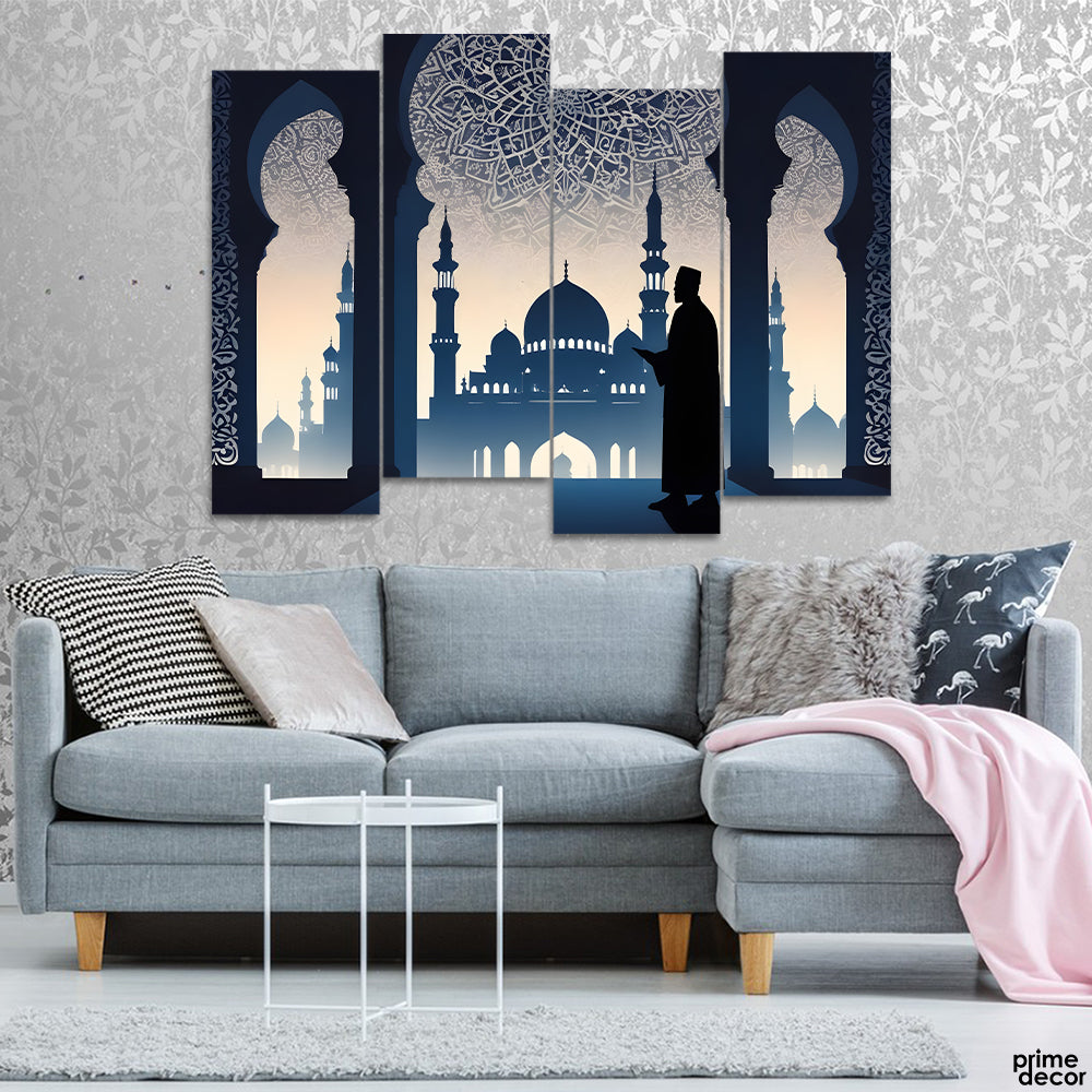 Abstract Beautiful View Of A Man In Front Of Masjid (4 Panel) Islamic Wall Art - Prime Décor